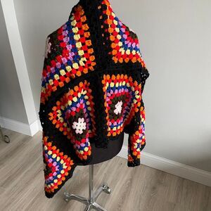 Multicolored Crochet Granny Square Shawl Blanket Rainbow OOAK Retro Swiftie Cozy